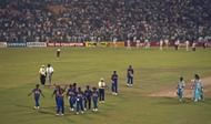 World Cup semi-final 1996 India v Sri Lanka at Calcutta Clive Lloyd (in white shirt), the match Referee, has awarded the game to Sri Lanka following crowd disturbance, which made it impossible to continue.